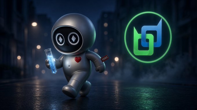 A silver robot mascot holds a glowing blue test tube in one hand and a small red object in the other, running against a dark city backdrop alongside a green and blue geometric logo.