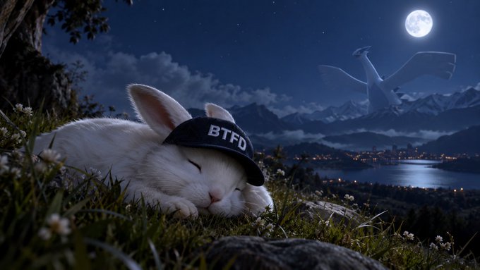 A digital illustration of a sleeping white rabbit wearing a black cap labeled 'BTFD' (Buy The F***ing Dip), set in a grassy landscape at night with a full moon and mountains in the background.
