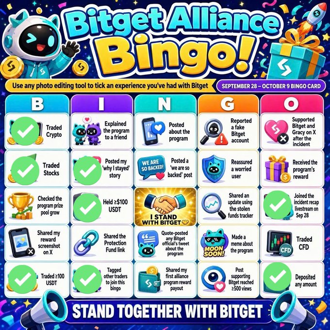 A 'Bitget Alliance Bingo' promotional card dated September 28 – October 9 with various Bitget experiences like 'Traded Crypto', 'Held ≥$100 USDT', and 'I STAND WITH BITGET' in the center free space.