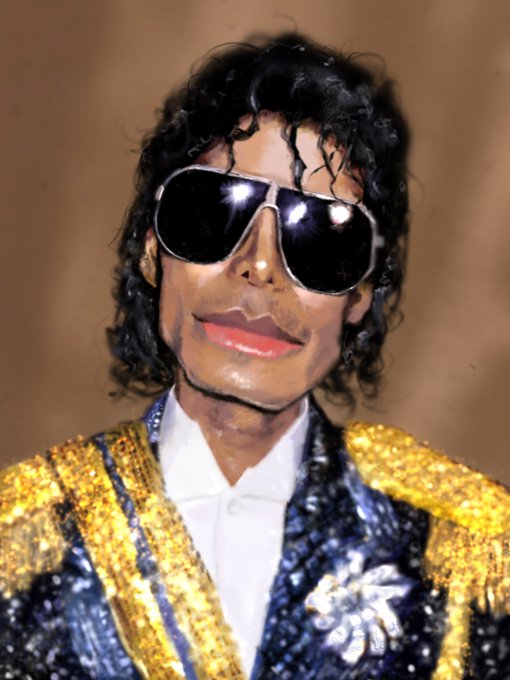 The image features a man wearing sunglasses, a suit, and a flower pinned to his lapel. The man has dark hair and is smiling at the camera. The background of the image is brown, which contrasts with the colorful attire of the man in the foreground. The caption for this image reads "GN MJ is live for 0.15 $ETH res. 1/1 Hand drawn digital epicness with digital glitter."