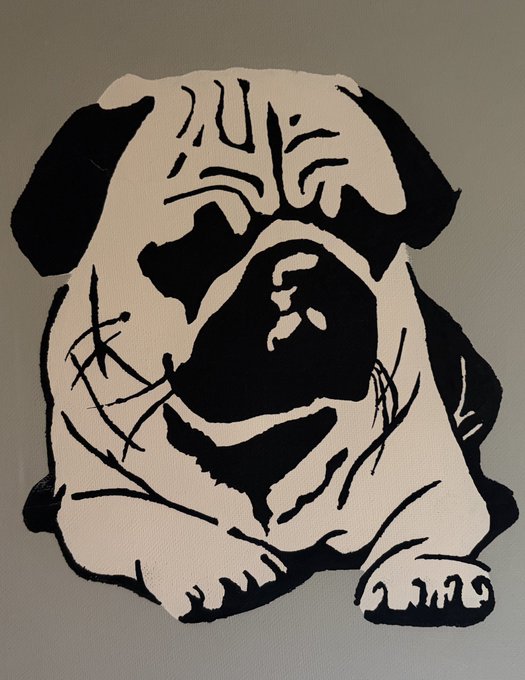 A black and white stylized cutout artwork of a pug's face with a wrinkled forehead and large eyes.