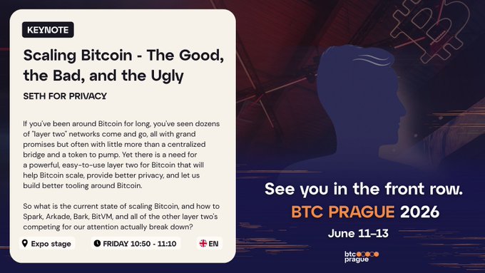 The image presents a flyer related to the Bitcoin event taking place in Prague. The text appears in different shades of blue, creating a visually appealing contrast against the white background. The central focus of the image highlights that there are two pieces of information presented at this Bitcoin event - the scaling process for the good and the bad, along with details about the upcoming talk titled "See you in the front row." The flyer also mentions the need to attend the presentation due to a limited time frame provided by Spark Events.