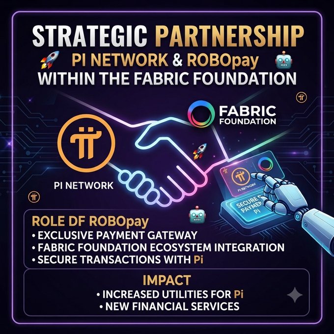 A promotional graphic titled 'STRATEGIC PARTNERSHIP PI NETWORK & ROBOPay WITHIN THE FABRIC FOUNDATION' showing a handshake between two robot hands, with details about exclusive payment gateway, ecosystem integration, and impact on utilities for Pi.
