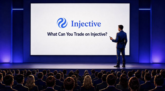 A man in a suit stands on a stage presenting to a crowd, with a large screen behind him displaying the Injective logo and the text 'What Can You Trade on Injective?'.
