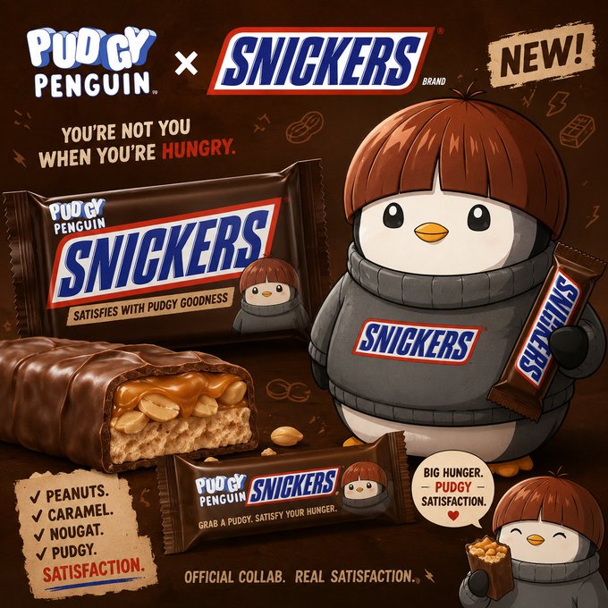 iced chocolate pudding snickers bar with peanut butter and caramel, accompanied by a cartoon penguin holding the bar.