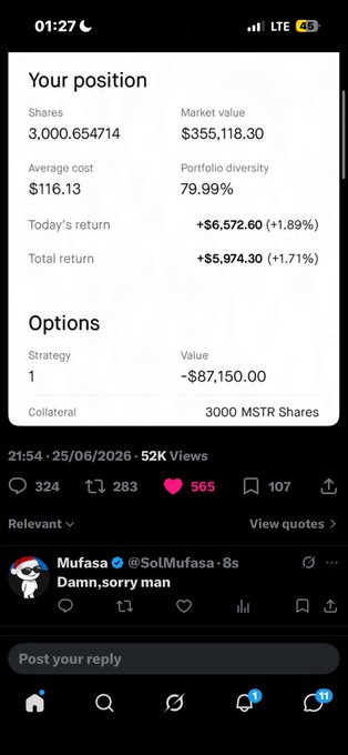 The image shows a screenshot of a MSTR (MicroStrategy) portfolio position displaying 3,000.654714 shares with a market value of $355,118.30, a +$6,572.60 (+1.89%) daily return, and an options strategy value of -$8,150.00, posted in response to someone thanking them—likely sharing their trading results as a follow-up to the appreciated advice.