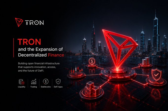 A promotional banner for TRON featuring its red diamond logo, titled 'TRON and the Expansion of Decentralized Finance' with icons for Liquidity, Trading, Stablecoins, and DeFi Apps.
