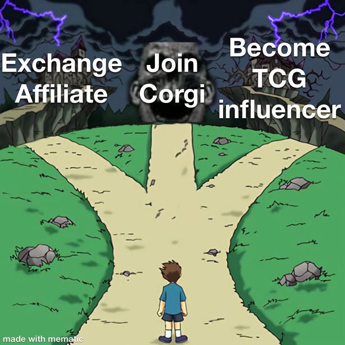 A meme depicting a boy facing three diverging paths with a monstrous dog head in the center, labeled 'Exchange Affiliate', 'Join Corgi', and 'Become TCG influencer'.
