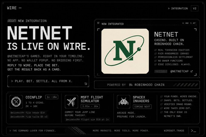 A dark-themed promotional graphic announcing 'NETNET IS LIVE ON WIRE', describing it as a casino built on Robinhood Chain, featuring games like Coinflip and MSFT Flight Simulator.