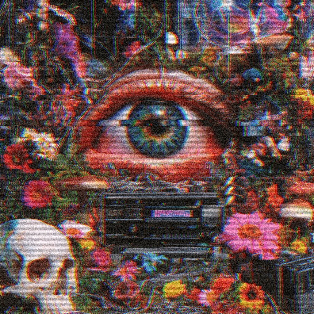 The image features a close-up of an eye with a flowery background that includes various flowers such as roses, daisies, and sunflowers. The eye appears to be made out of fabric or paper, giving it a unique and artistic appearance. The background is filled with different colors and shapes, creating a visually striking scene. The image also contains text elements like the words "NEW SALE" and "FREQUENCY", which may suggest that this artwork could be for sale on an online marketplace or possibly part of a promotional campaign.