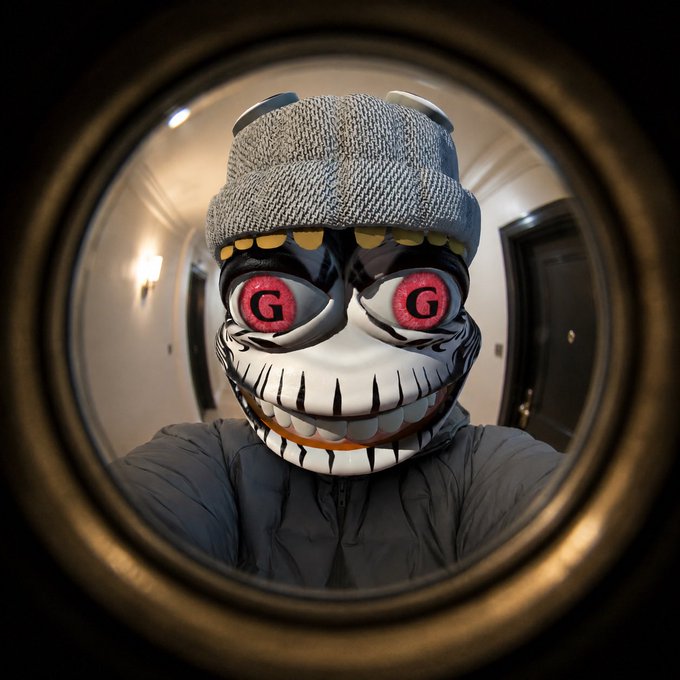 A person wearing a knit cap and a creepy smiling mask with red "G" eyes, viewed through a circular peephole or lens distortion effect.