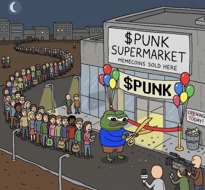 A cartoon illustration of the Pepe the Frog character cutting a ribbon to open '$PUNK SUPERMARKET - MEMECOINS SOLD HERE,' with a long line of people waiting outside holding various meme coin bags (PEPE, DOGE, SHIB) and balloons.