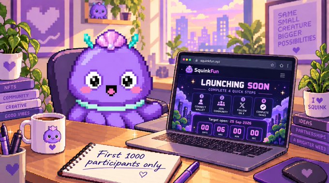 A pixel-style purple mascot sits at a desk beside a laptop displaying the "SquinkFun Launchpad" countdown page ("LAUNCHING SOON" on squinkfun.xyz) alongside a notepad reading "First 1000 participants only," visually promoting the upcoming launch and the giveaway of 1,000 $SQUINK coins to the first 1,000 participants.