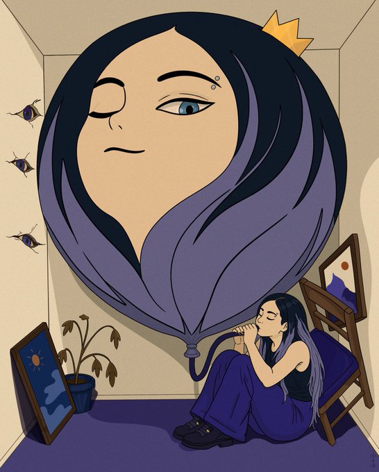 An illustration of a woman sitting on the floor in a room, inflating a giant balloon of her own face that dominates the upper portion of the scene.