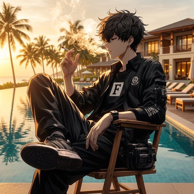 Anime-style illustration of a young man in black clothing smoking a cigarette while lounging on a wooden chair by a tropical resort pool at sunset.