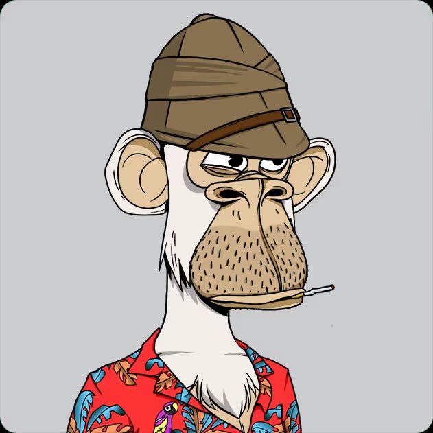 A cartoon illustration of a monkey character with a long snout, stubble, and a cigarette in its mouth, wearing a brown cap and a red Hawaiian shirt with blue leaf patterns.