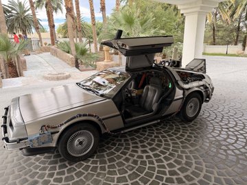 A DeLorean-style car styled like the Back to the Future time machine, featuring gull-wing doors open and weathered silver exterior, parked on a cobblestone driveway in front of a building with palm trees.