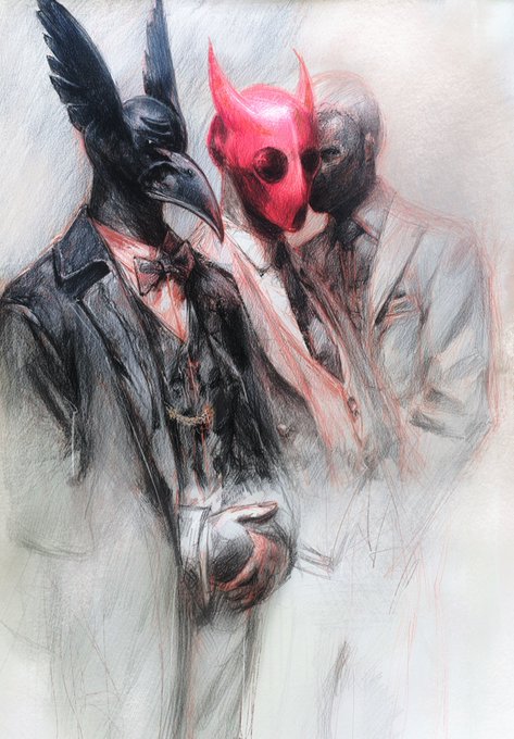An expressive sketch-style painting depicting three figures in suits wearing surreal masks: one with a black crow's head, one with a bright red demonic mask with horns, and a faded gray face behind them, with hints of red in the clothing.