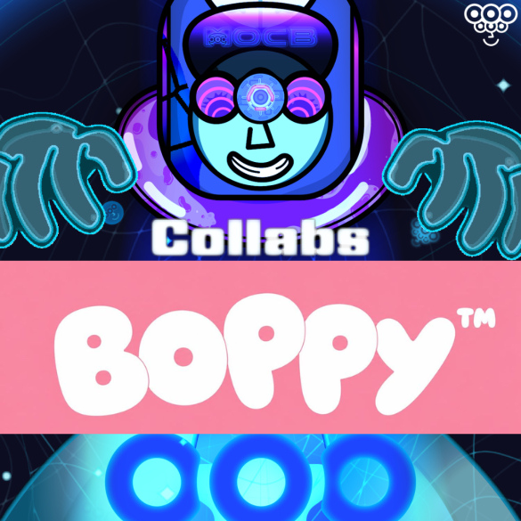 The image showcases a collaboration announcement featuring the "MocaCollabs" logo with a blue, VR-wearing cartoon character whose large hands extend outward on either side, set against a dark cosmic background. A pink banner prominently displays the "BOPPY™" brand name in bold white bubble letters, reinforcing the post's promotion of the Boppy x MocaFam NFT mint collaboration with its 888 supply on ETH.