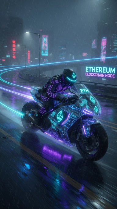 The image shows a person riding a motorcycle down a wet road during rain. The neon colors of the motorcycle's lights create an intense and exciting atmosphere. In the background, there are tall buildings, adding depth to the scene. A street sign with the text "ETHEREUM" is also visible in the image. 

The post features a large neon number 7, which appears to be related to the speed of the motorcycle or some other factor affecting its motion. The post emphasizes that the value has increased by at least 7% and suggests this may be happening as if it were an explosion. The image's focus is on both the individual riding the motorcycle and the impact it can have in terms of velocity and acceleration.