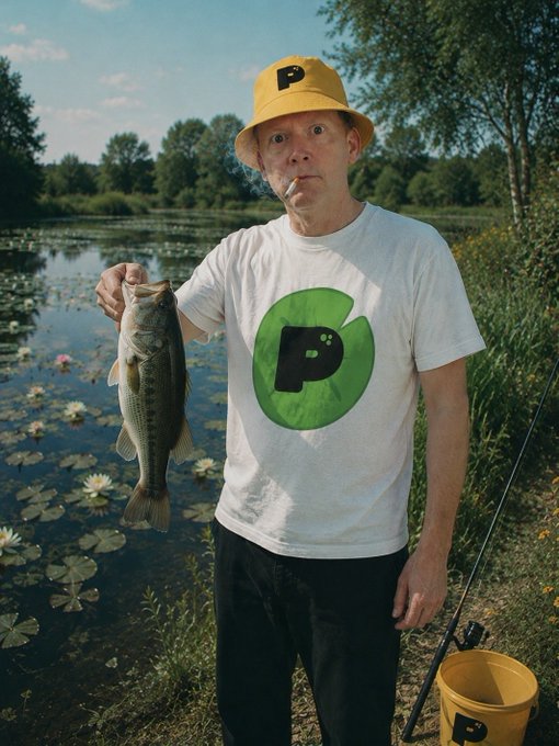 A man wearing a yellow bucket hat and a white t-shirt with a green "P" logo, holding a largemouth bass while smoking a cigarette by a lake.