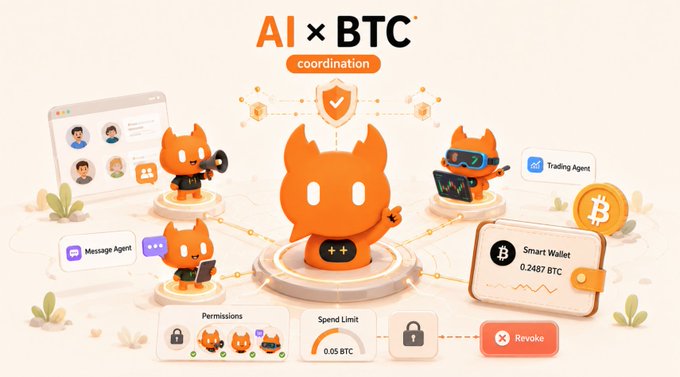 An illustrated infographic titled 'AI × BTC coordination' depicts orange mascot characters connected to various features including 'Message Agent', 'Trading Agent', 'Smart Wallet 0.2487 BTC', 'Permissions', 'Spend Limit 0.05 BTC', and 'Revoke'.