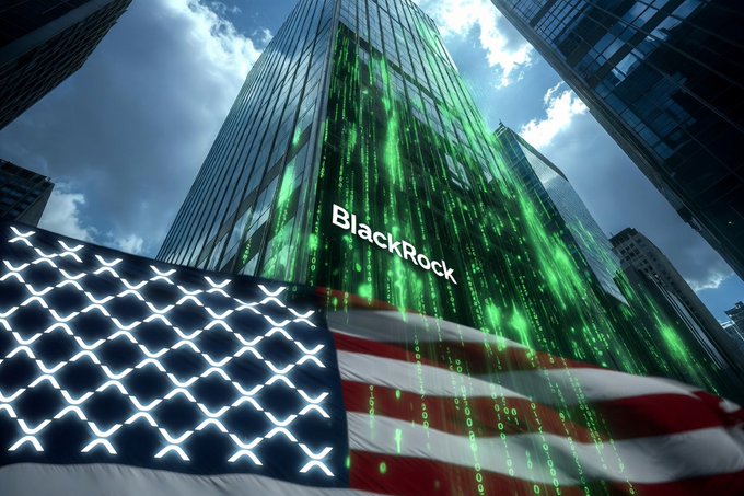 The image shows a towering glass skyscraper emblazoned with the "BlackRock" logo, overlaid with cascading green digital code reminiscent of a "Matrix"-style data stream, with an American flag in the foreground and the "X" logo on the left. It visually reinforces the post's message of BlackRock's influential role in tokenizing real-world assets, with XRP positioned as the underlying protocol to facilitate this transformation.