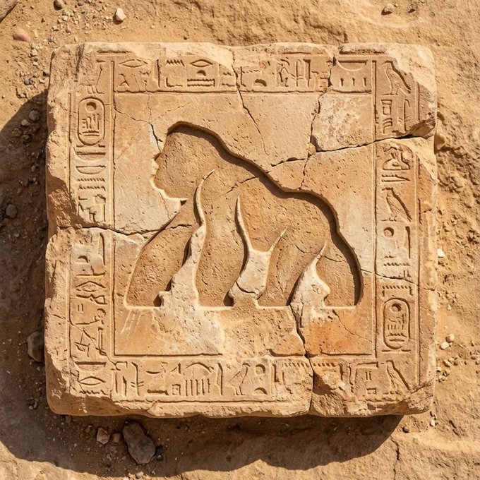 An ancient Egyptian-style stone carving featuring a baboon figure surrounded by hieroglyphics, displayed on sandy ground.