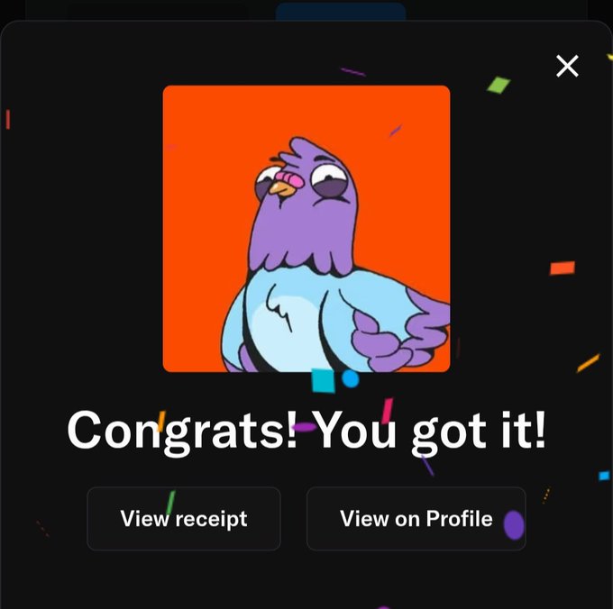 A celebratory "Congrats! You got it!" notification from Rally featuring a cartoon purple and blue bird on an orange background, with options to "View receipt" and "View on Profile," confirming the successful minting of the user's new asset.