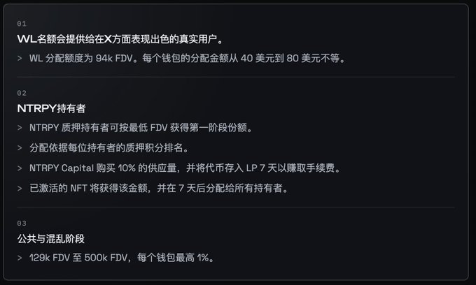 A dark-themed informational document in Chinese outlining a three-part allocation plan: WL名额 (94k FDV, $40-$80 per wallet), NTRPY holders (ranking by holding amount), and 公共与混乱阶段 (129k-500k FDV, max 1% per wallet).