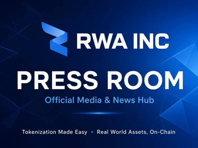 A blue promotional graphic for 'RWA INC PRESS ROOM' with the tagline 'Official Media & News Hub' and 'Tokenization Made Easy • Real World Assets, On-Chain.'