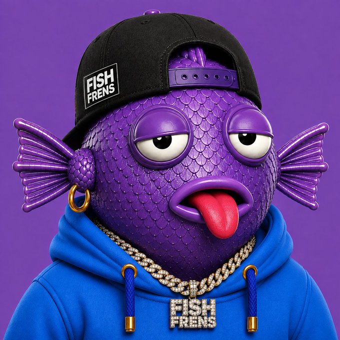 A 3D-rendered purple pufferfish character wears a backwards black 'FISH FRENS' cap, a blue hoodie, and a diamond chain with a 'FISH FRENS' pendant, sticking out its tongue against a purple background.