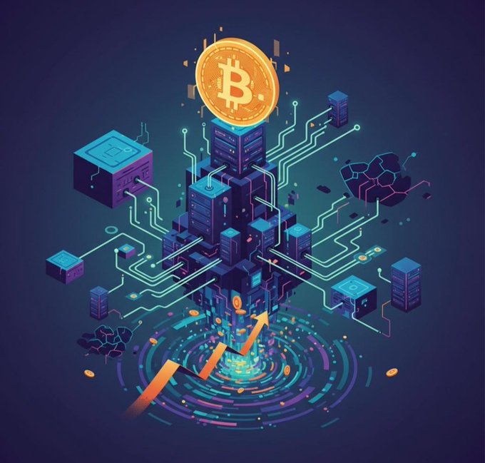 A glowing Bitcoin coin hovers above an isometric cityscape of interconnected server blocks and digital circuit pathways, with an orange upward arrow rising from swirling data rings at the base. The image visually reinforces the post's message of Bitcoin's evolution into foundational digital infrastructure, depicting its growing ecosystem of networks, developers, and institutional architecture rather than mere speculative trading.