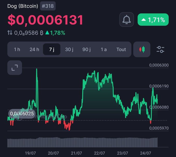 A 7-day price chart for DOG (Bitcoin), currently ranked #318, showing the price at $0.00006131 with a 1.71% daily gain (up 1.78% over 0.09586 ₿), confirming the "green day" with a generally upward trend across the week from 19/07 to 24/07.