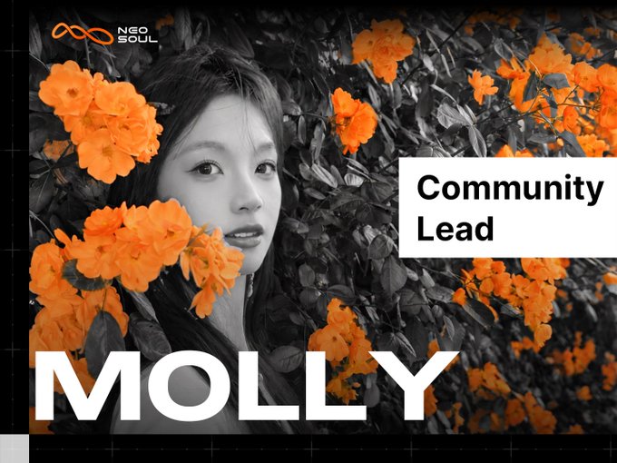 A promotional graphic displays a black-and-white photo of a woman surrounded by bright orange flowers, labeled 'NEO SOUL' and 'Community Lead MOLLY'.