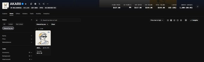 Screenshot of NFT marketplace page for collection 'AKARII' by user 'alienmatthews.eth', showing floor price of 0.1806 ETH and a token ID #7706.