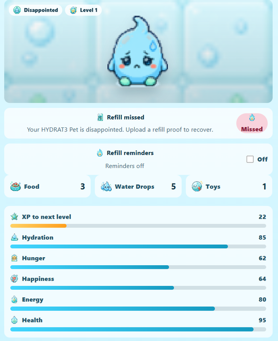 The image displays a virtual pet dashboard for a "HYDRAT3" Level 1 disappointed water droplet character with stats showing 22 XP to next level, 85 Hydration, 62 Hunger, 64 Happiness, 80 Energy, and 95 Health, alongside options for "Refill missed" (marked Missed), 3 Food, 5 Water Drops, and 1 Toy. This relates to the post by previewing an upcoming gamified refill interface for the VeBetterDAO ecosystem that incentivizes hydration through collectible pets and rewards.