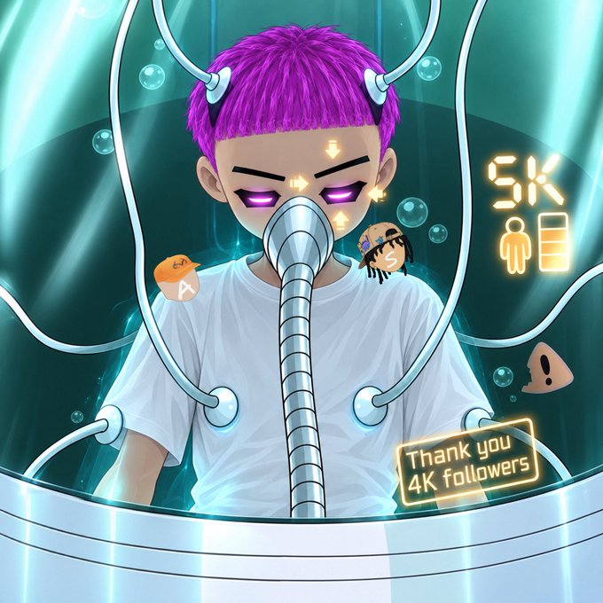 A digital illustration of a character with purple hair and glowing purple eyes wearing a white t-shirt inside a tube-like structure with cables, featuring a 'Thank you 4K followers' badge and '5K' display.