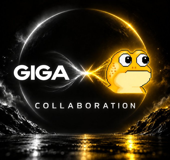 A collaboration announcement graphic featuring the text "GIGA × ZECFrogs" with the GIGA logo on the left and a pixelated golden frog on the right, set against a cosmic backdrop with two contrasting celestial orbs meeting in the center.