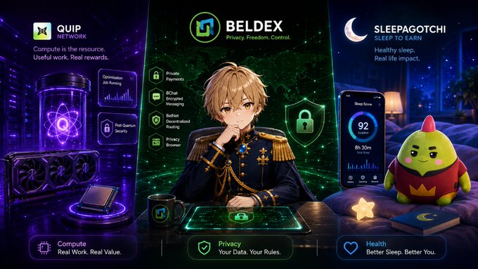 A promotional graphic featuring three crypto projects: Quip Network ('Compute is the resource. Useful work. Real rewards.'), Beldex ('Privacy. Freedom. Control.'), and Sleepagotchi ('SLEEP TO EARN. Healthy sleep. Real life impact.'), centered around an anime character and a bird-like mascot.