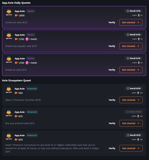 An 'App.Axie Daily Quests' interface listing tasks like 'Evolve an axie' and 'Breed any Aquatic axie' with various AXS and BAXS token rewards, alongside an 'Axie Ecosystem Quest' section.