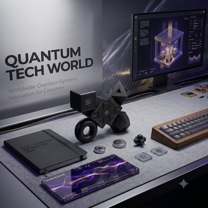 A promotional image for 'QUANTUM TECH WORLD' featuring a desk setup with a monitor, keyboard, phone, and various quantum-themed objects.