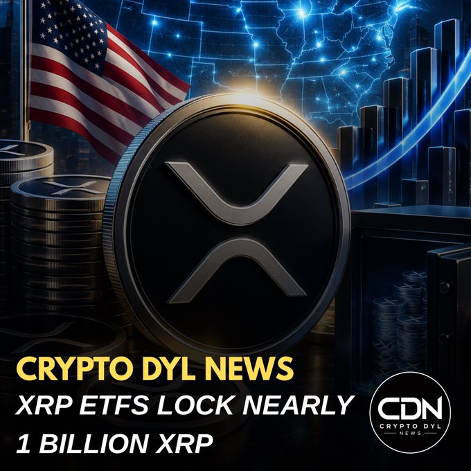 The image, branded "CDN Crypto Dyl News," features a large XRP coin prominently displayed against a backdrop of the U.S. flag and a glowing map of the United States, with the headline "XRP ETFs LOCK NEARLY 1 BILLION XRP." This visual directly illustrates the post's report that seven U.S. spot XRP ETFs have accumulated approximately 992.5 million XRP and attracted over $1.5 billion in inflows, symbolizing the growing institutional adoption of XRP within the U.S. market.