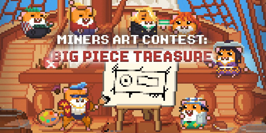 The image features a poster for an art contest called "The Big Piece Treasure". The poster showcases six cartoon characters from different backgrounds, including a pirate ship, a pirate's cabin, and a treasure map. These characters are gathered around a whiteboard with a drawing of a treasure map on it. The text on the poster announces that this is an art contest where participants can create their own treasure maps or drawings to be entered into the contest. The prize for winning the contest includes a reward of up to 1500 RLT, which could potentially be used as a means of payment in the game.