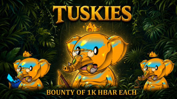 The image is a promotional graphic for the "TUSKIES" NFT collection by JungleVerseW3, featuring three golden cartoon elephants wearing crowns in a jungle setting, with text announcing a "BOUNTY OF 1K HBAR EACH." It visually supports the post's theme of art and finance intersecting, showcasing a stylized, collectible art piece tied to a crypto bounty reward.