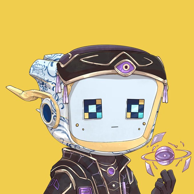 Cartoon illustration of a robot character with a screen face, wearing dark clothing and goggles on its head, holding a glowing purple orb against a yellow background.