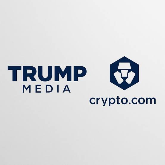 A logo graphic displaying 'TRUMP MEDIA' alongside the 'crypto.com' logo with its hexagonal emblem on a light gray background.