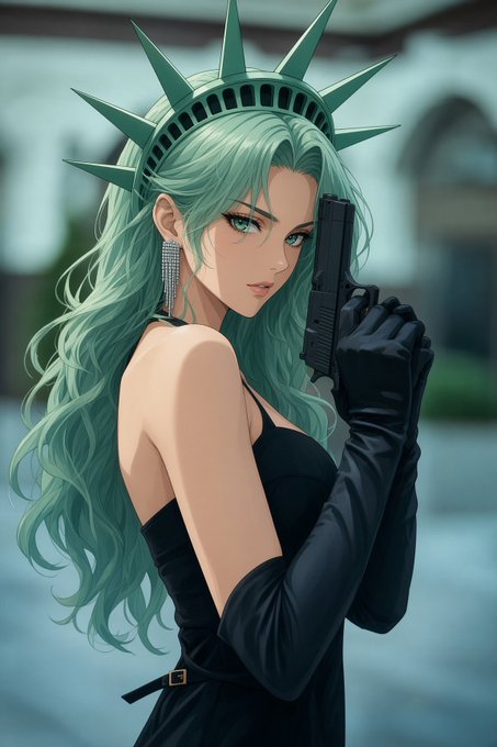 A stylized anime-style illustration depicts a woman with long teal hair, wearing a spiked Statue of Liberty crown, an elegant black dress, and long black gloves, while holding a pistol near her face. The imagery evokes themes of liberty and resilience, aligning with the post's celebration of PulseChain's decentralized, private stablecoin transaction capabilities and the "Glory to PulseChain!" rallying cry.
