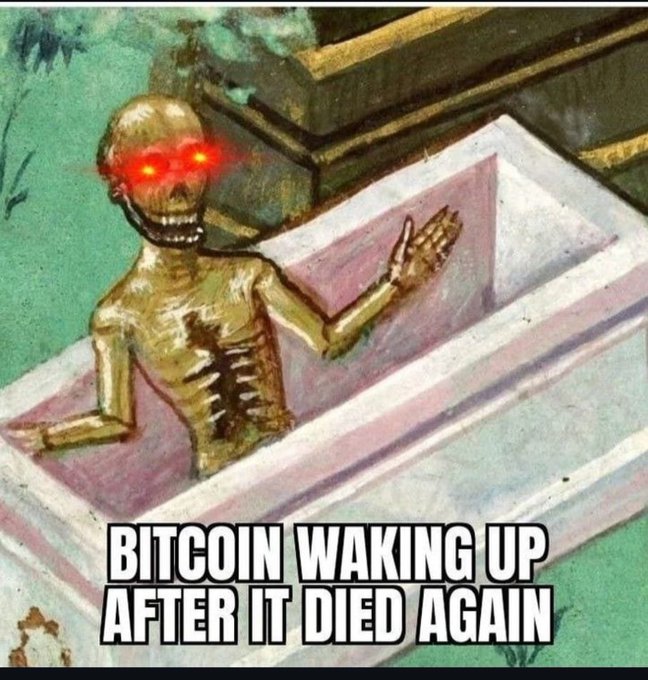 A meme featuring a skeleton with glowing red eyes rising from a coffin with the caption 'BITCOIN WAKING UP AFTER IT DIED AGAIN'.