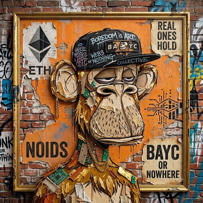 A graffiti-style street art mural depicting a Bored Ape character with a hat reading 'BAYC' and 'BOREDOM IS ART', surrounded by tags including 'ETH', 'NOIDS', and 'BAYC OR NOWHERE'.